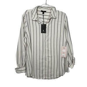 Jules & Leopold Button Down Shirt Womens Large Cream Black NWT Striped Roll Tab
